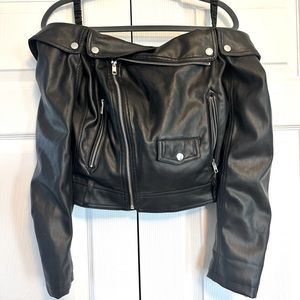 Size Small, Forever 21, off the shoulder faux leather black jacket.